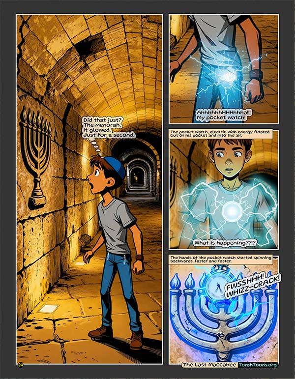 The Last Maccabee full color graphic novel cover featuring time traveling to ancient Jerusalem with glowing pocket watch